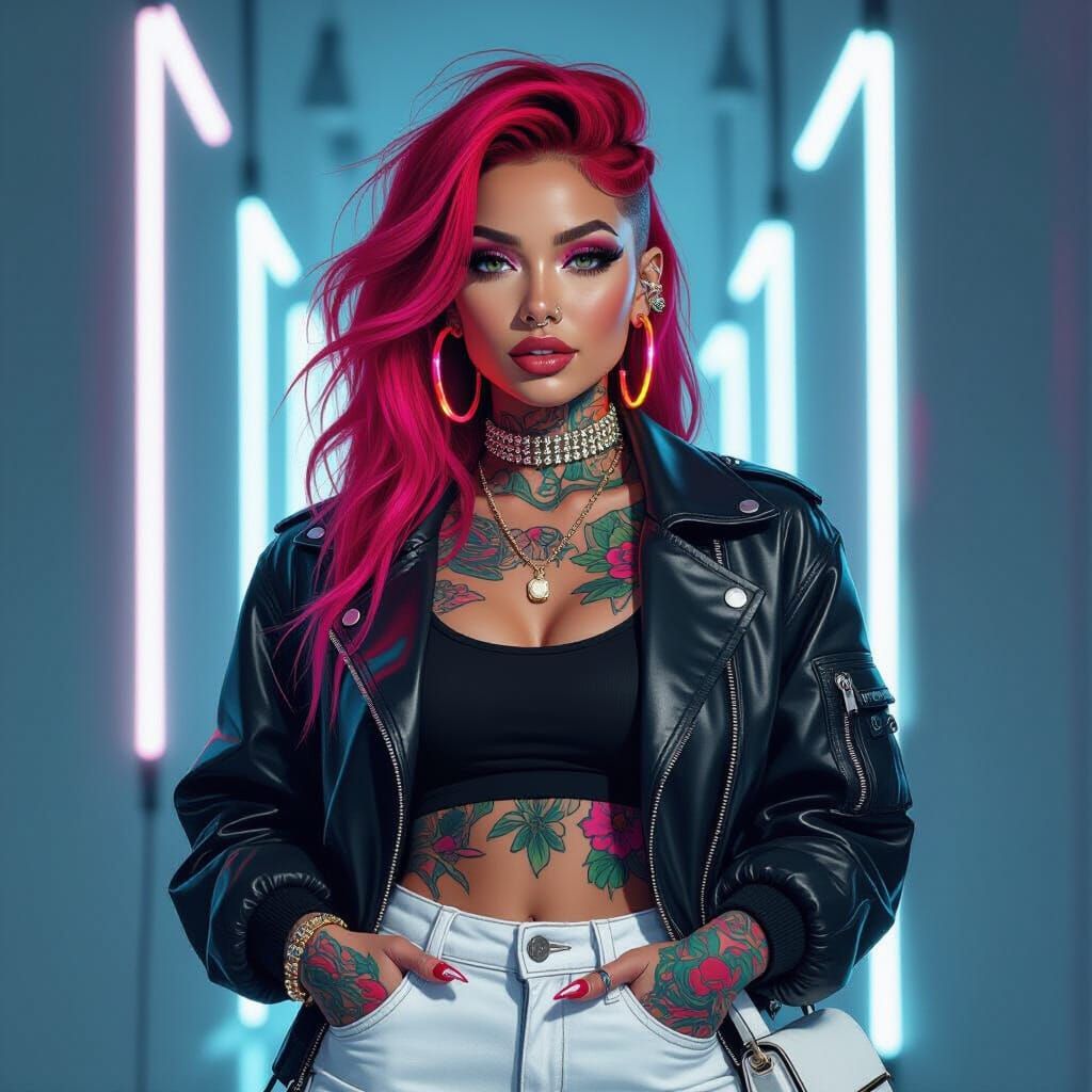 Funky Neon Lady in Oil Painting Style