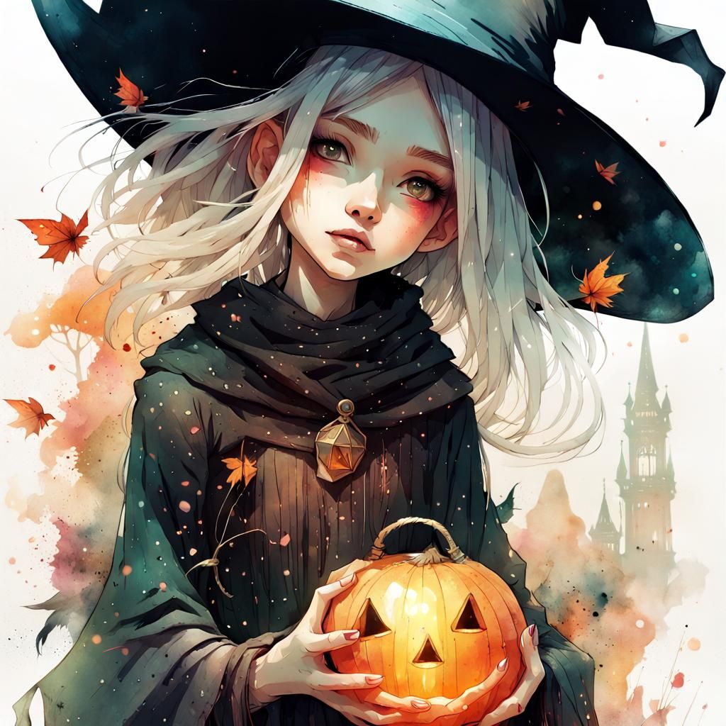 Cute Witch Girl in Fairytale Aquarelle Style