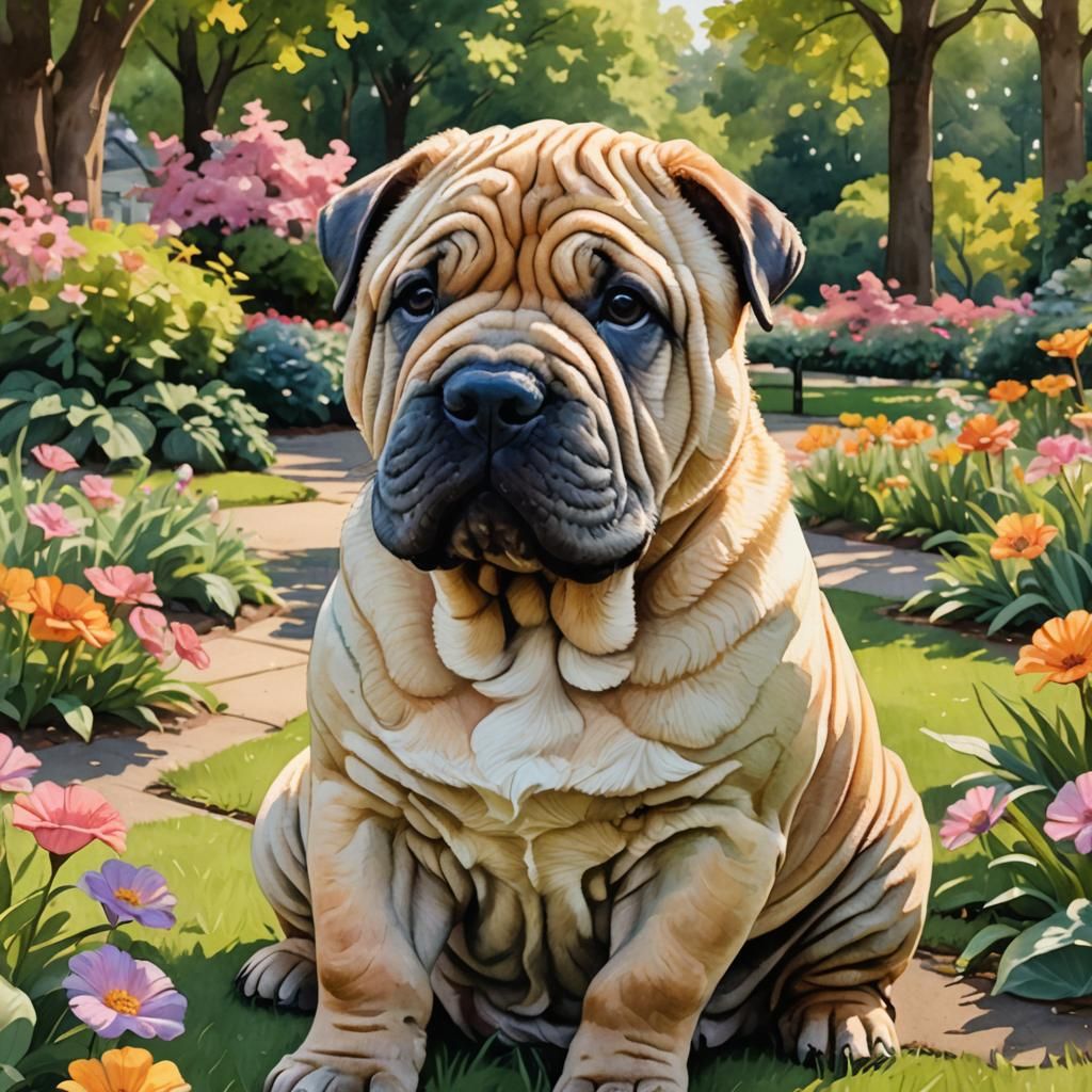 Adorable Shar Pei Pup in Park: Watercolor Style
