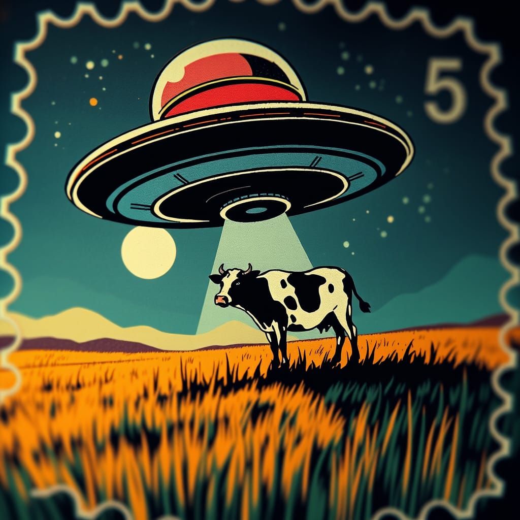 Retro Stamp Illustration of UFO Abducting Cow