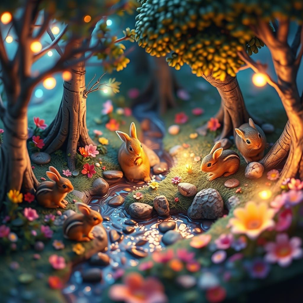 fantasy miniature forest, isometric composition, lush foliage with rabbits and chipmunks, enchanted trees glowing with m...