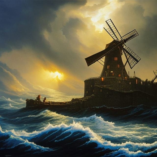 Ocean Windmill in Watercolor Comic Book Art