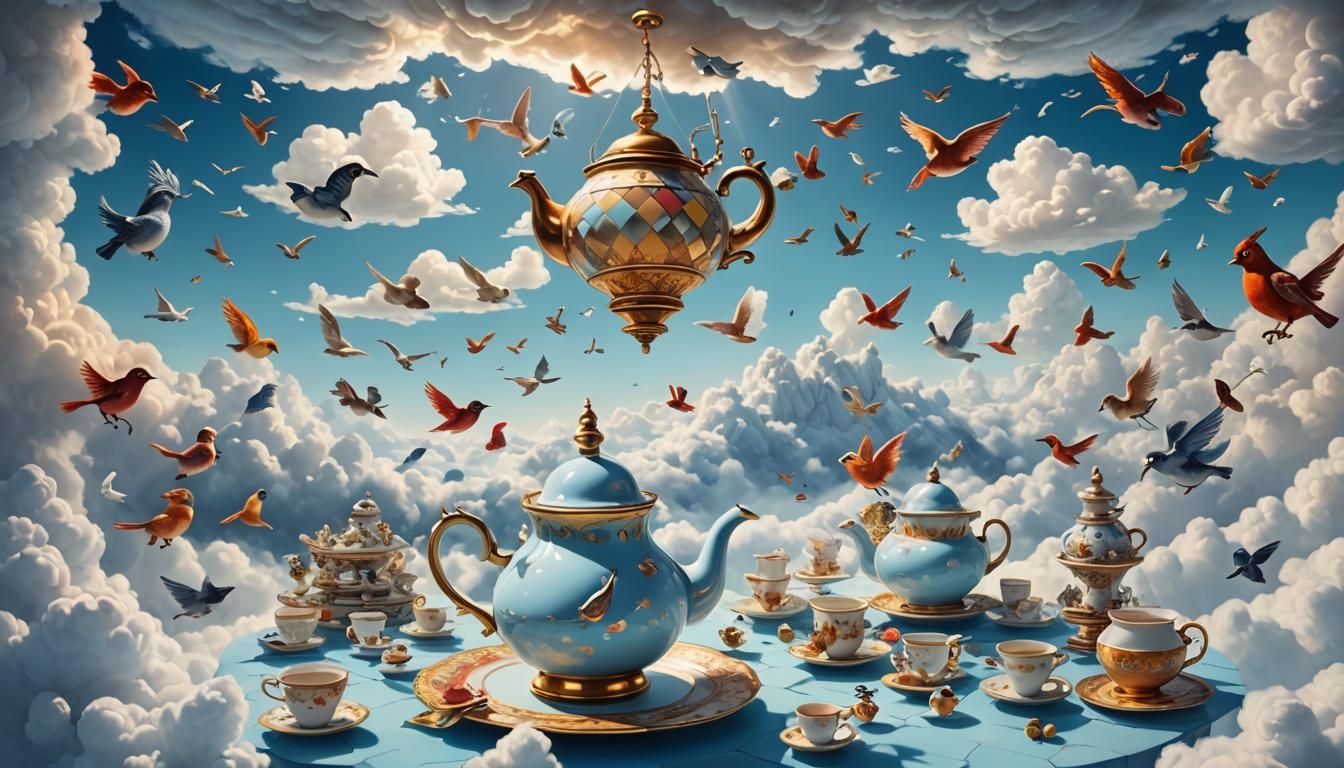 Surreal Tea Party Above the Clouds