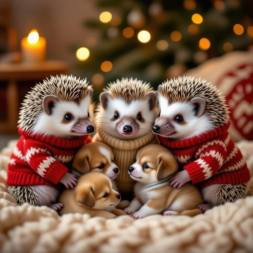 Hedgehogs and Puppies Play in Cozy Home
