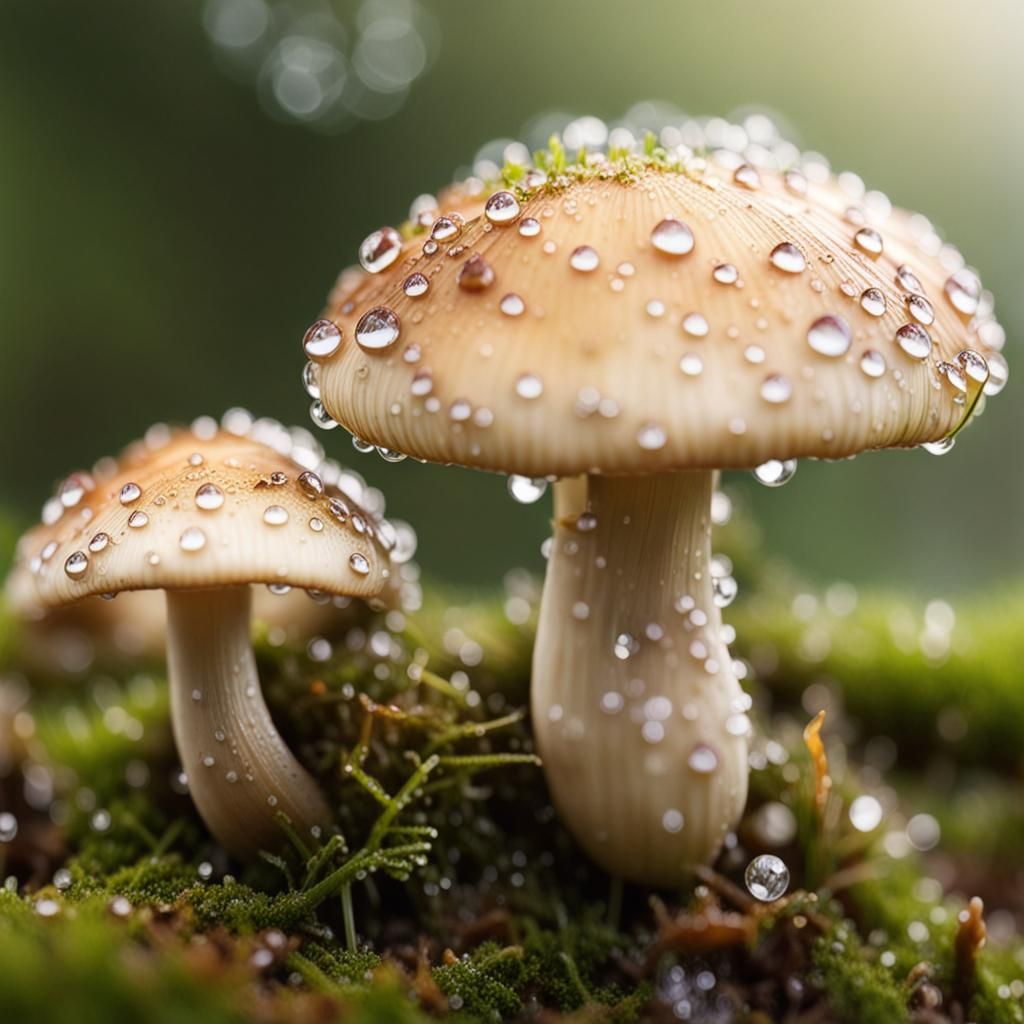 Dewdrops on Mushrooms: Macro Photography at Dawn