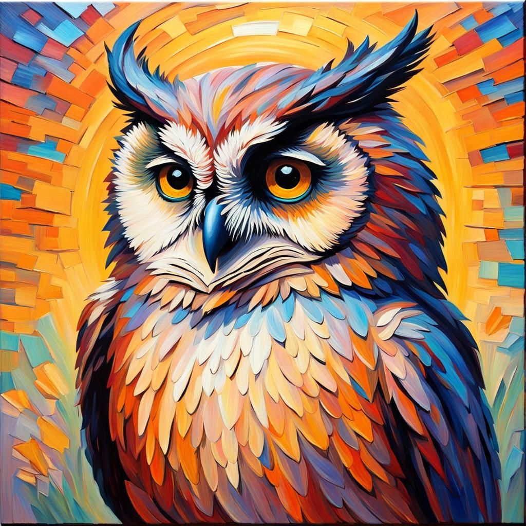 Owl at Sundown in Expressionist Oil Painting Style