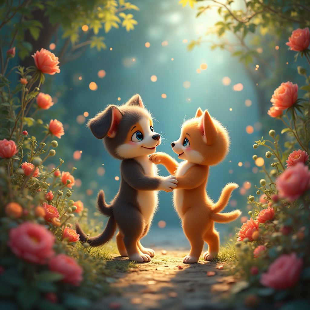 Puppy and Kitten's Whimsical Dance in Matte Painting Style