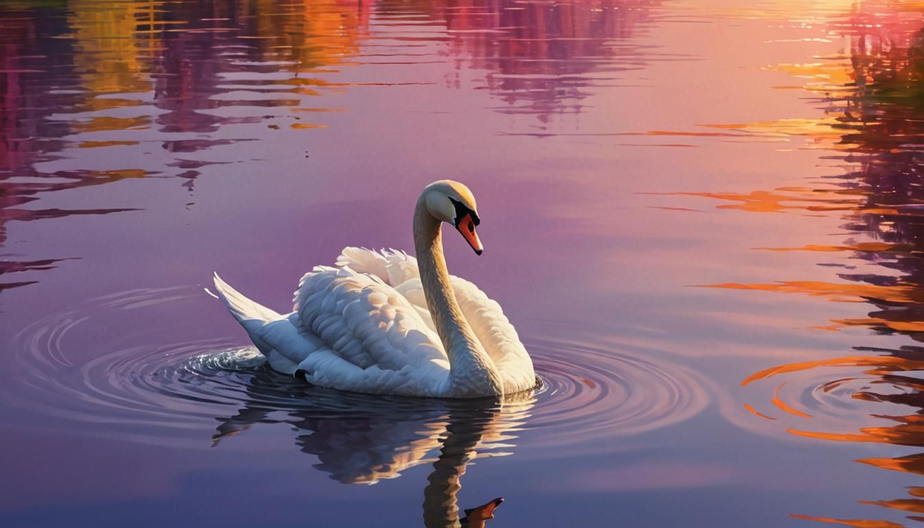 Rainbow Swan Glides Across Lake: 3D Illustration