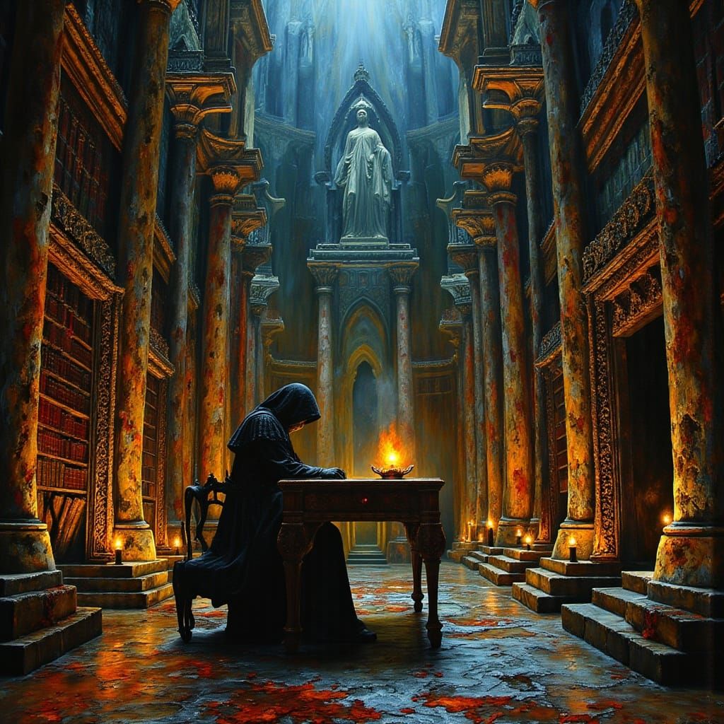 Hooded Scholar in Gothic Library, Dark Oil Painting
