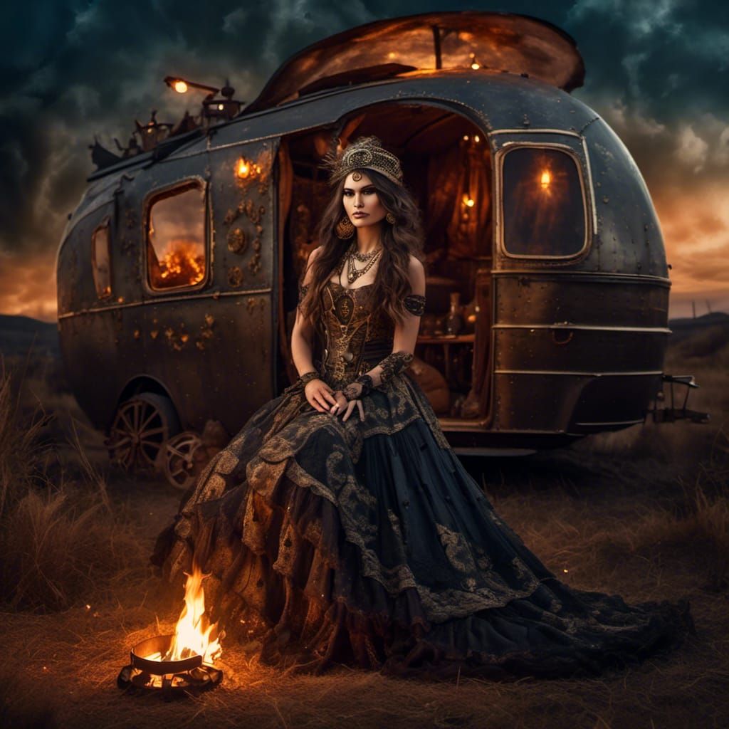 Steampunk Gypsy Girl with Caravan Campfire