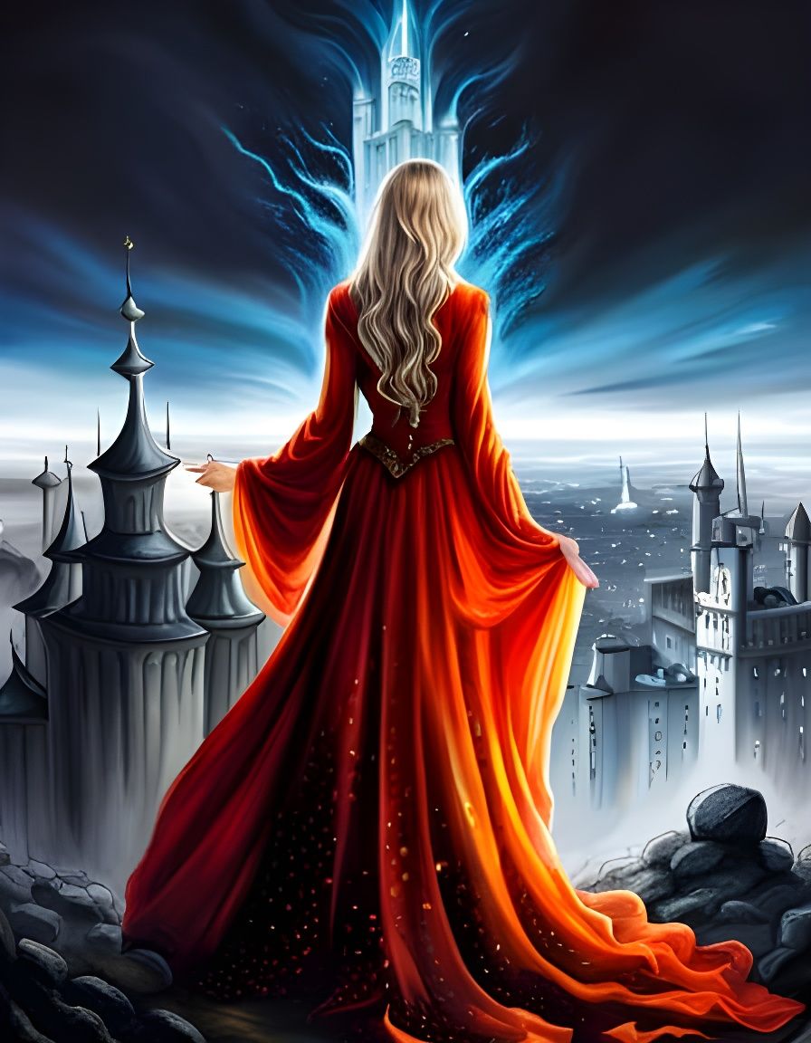 Sorceress Overlooking Burning Castle in Graffiti Art Style