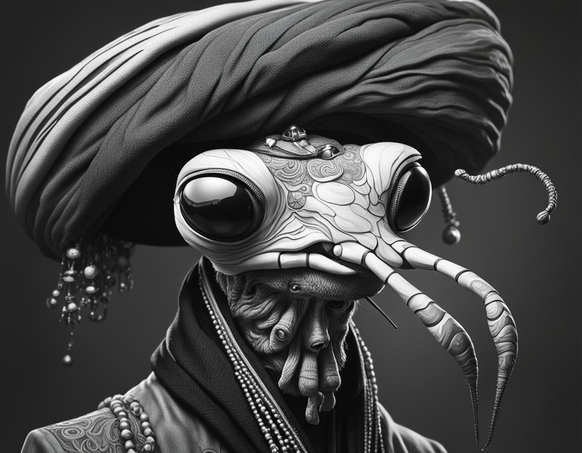 Anthropomorphic Mantis Merchant Portrait in Splash Art
