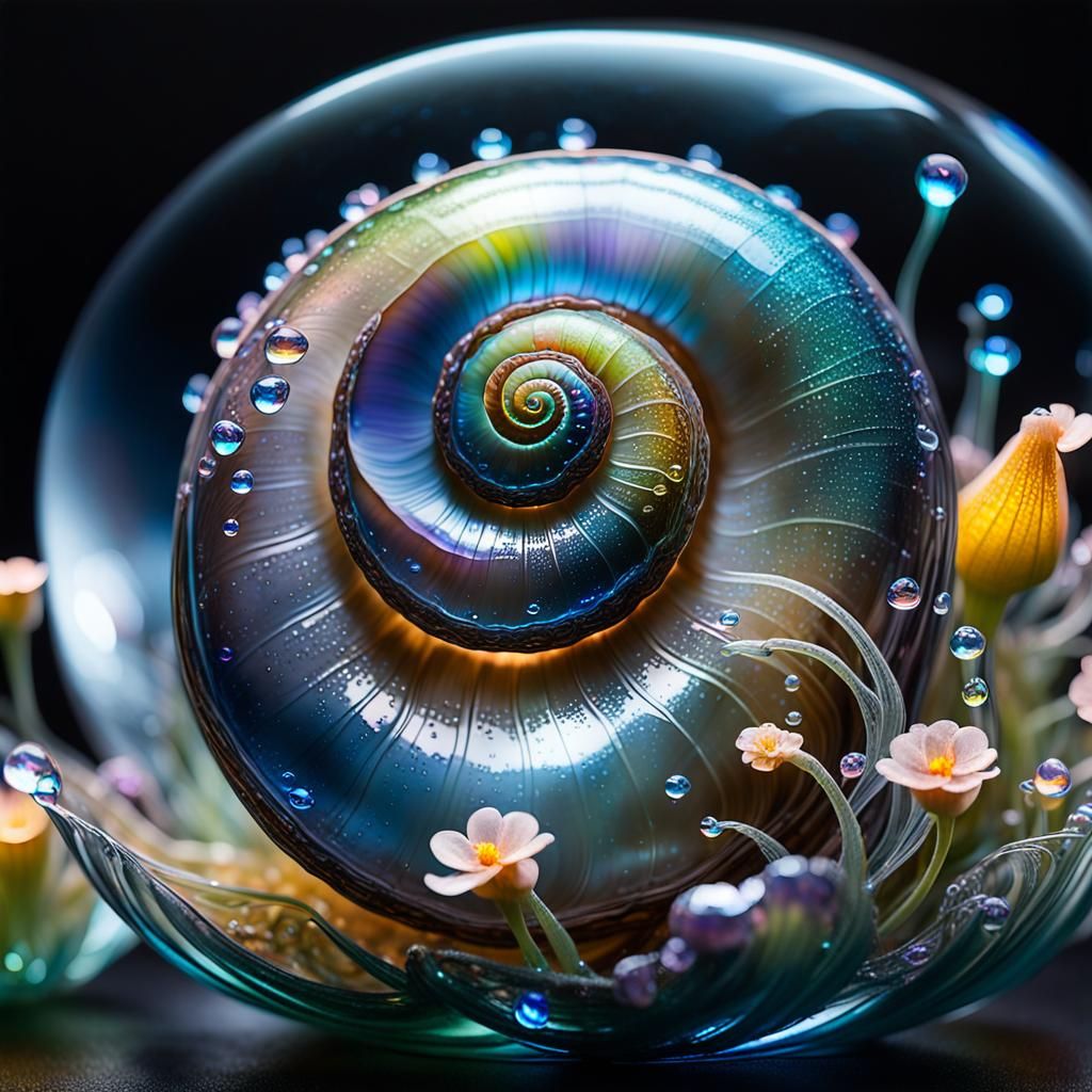 Iridescent Glass Flowers in a Snail Shell