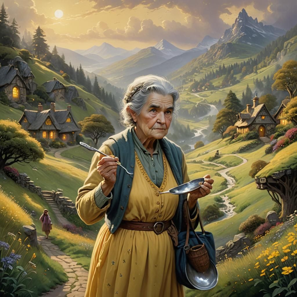 Grumpy Hobbit Lady in Ethereal Fantasy Landscape