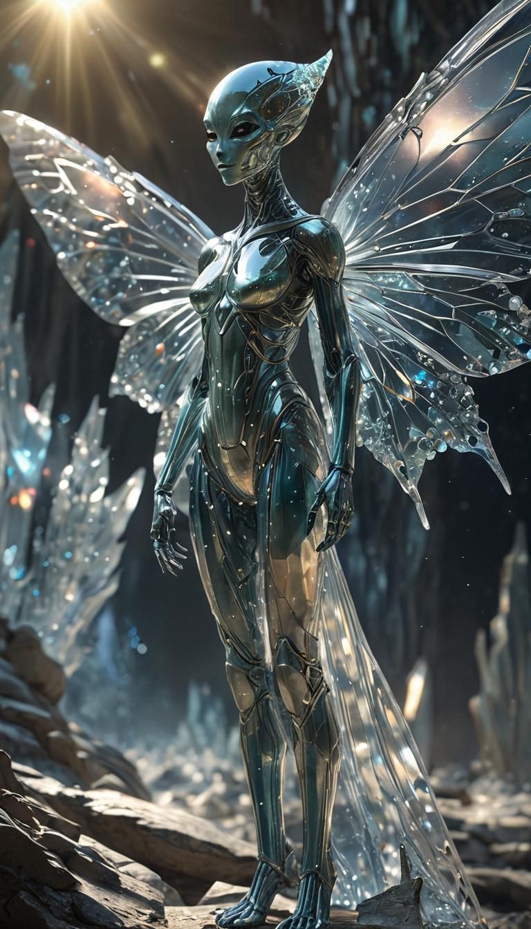 Envision a delicate alien named Crystalia, who thrives in a ...