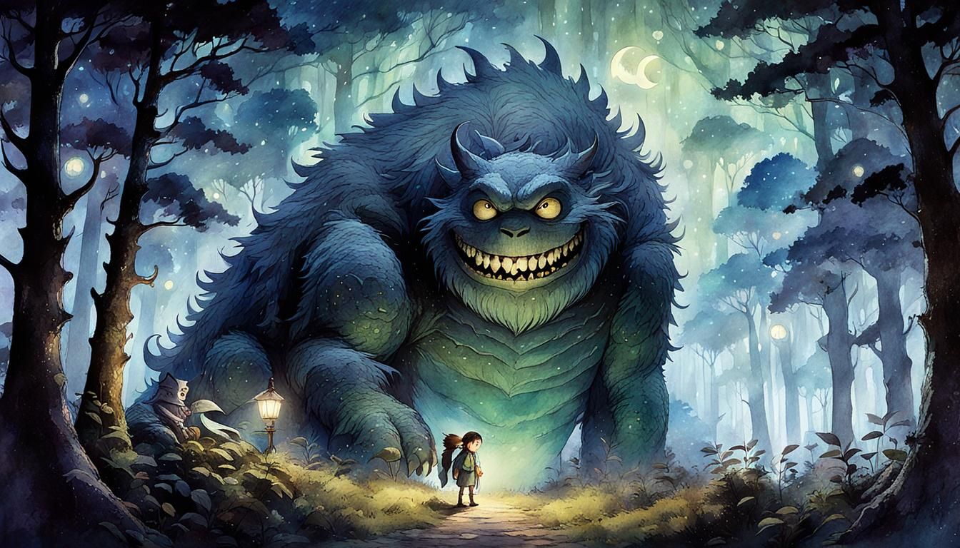 Child and Monster in Mystical Forest: Fantasy Realism