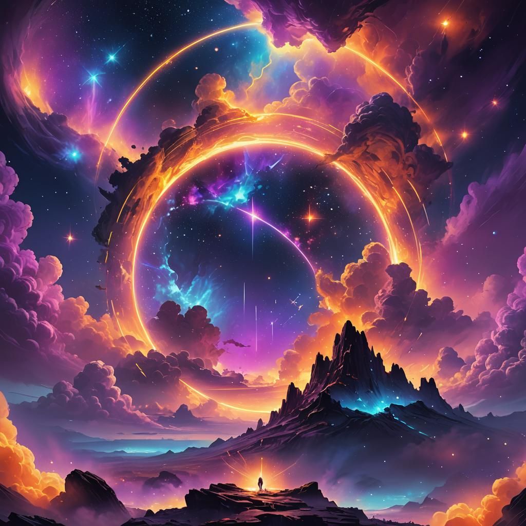 Cosmic Landscape with Mystical Portal in Art Nouveau