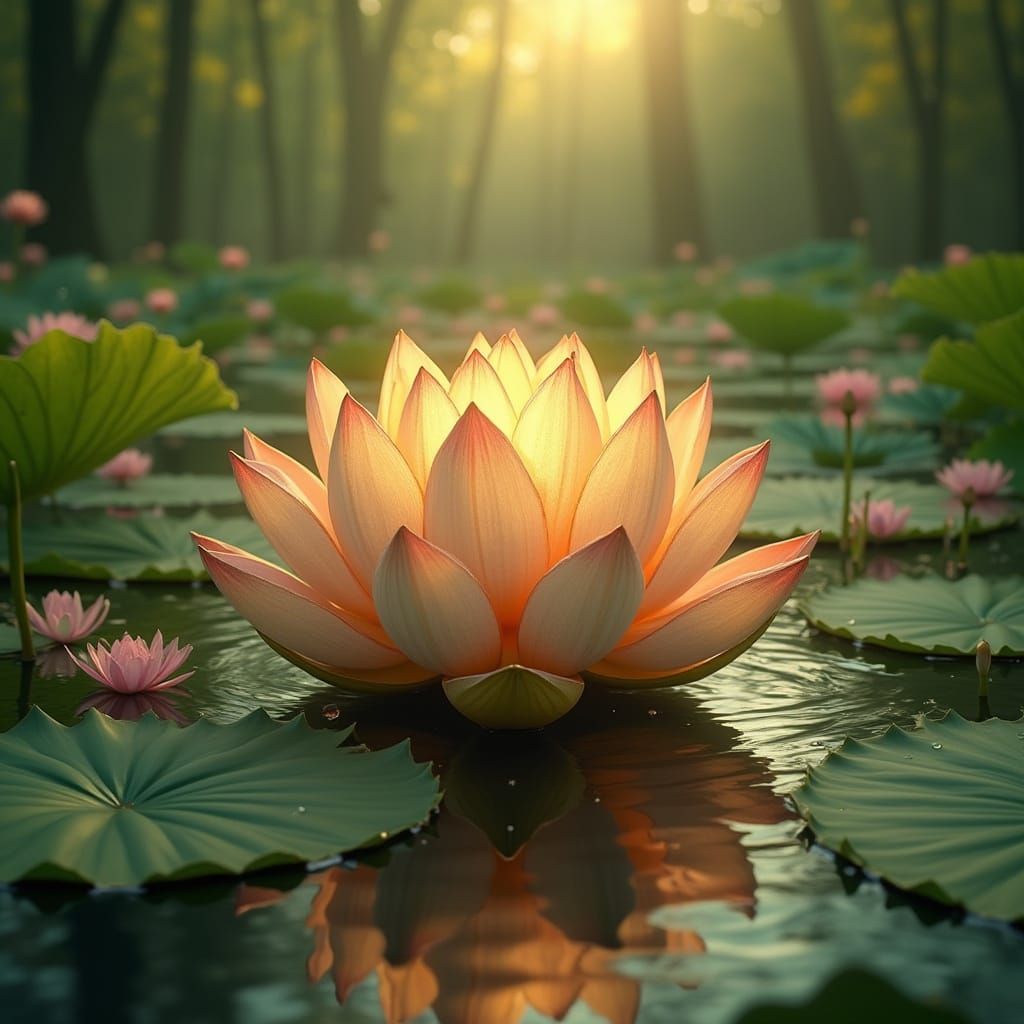 Surreal Lotus Blossom in Serene Lake