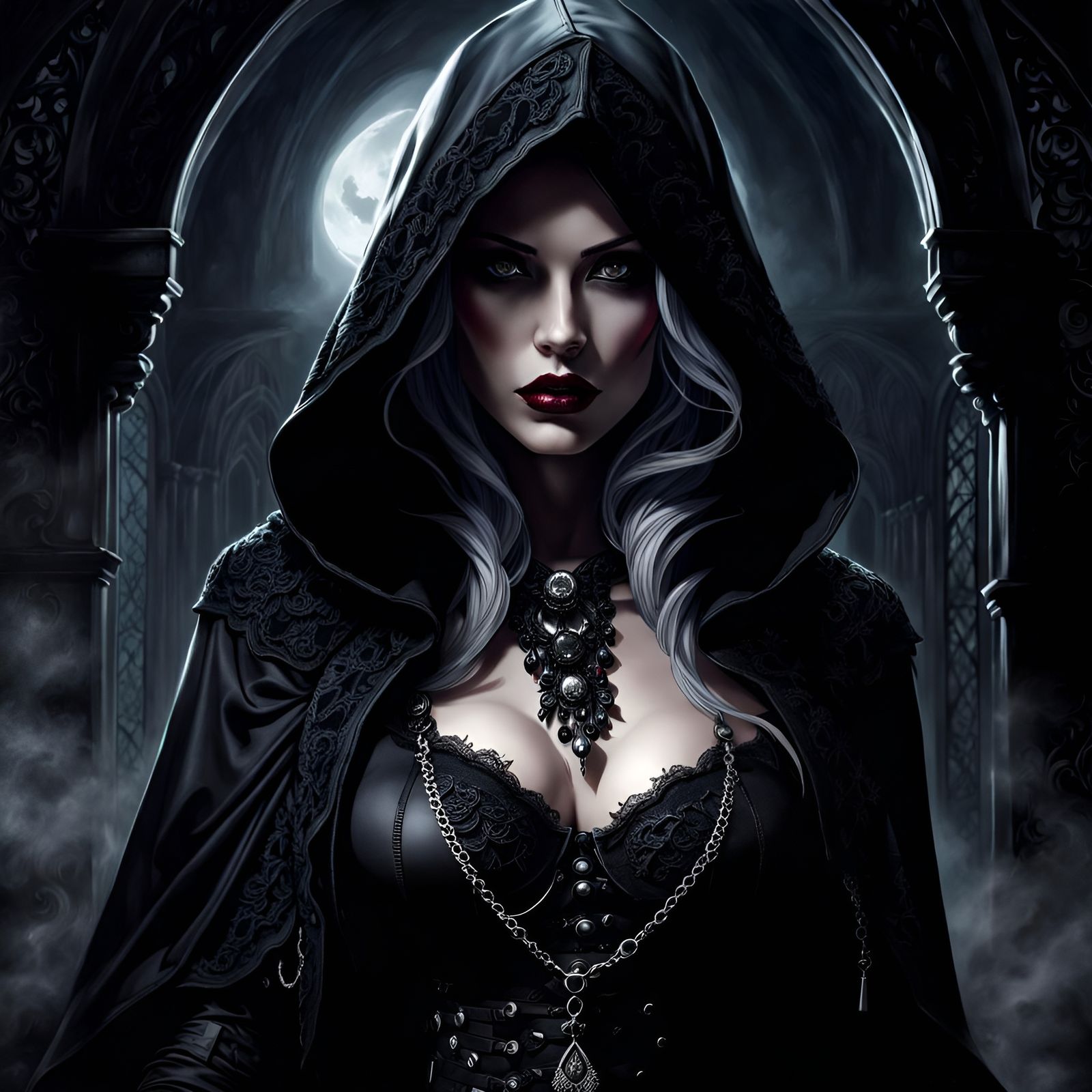 Gothic Mistress in Dark Horror Scenery