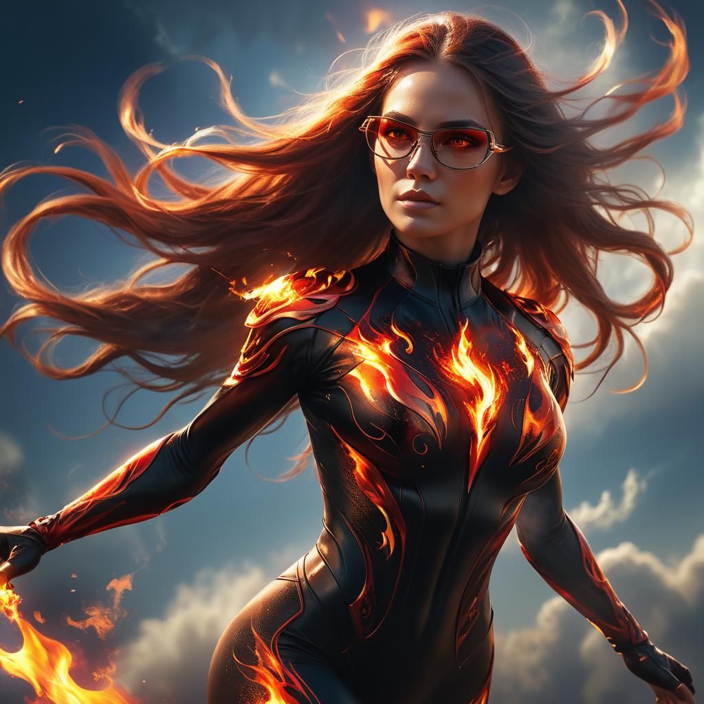 Fiery Woman Flies in Dark Fantasy Art