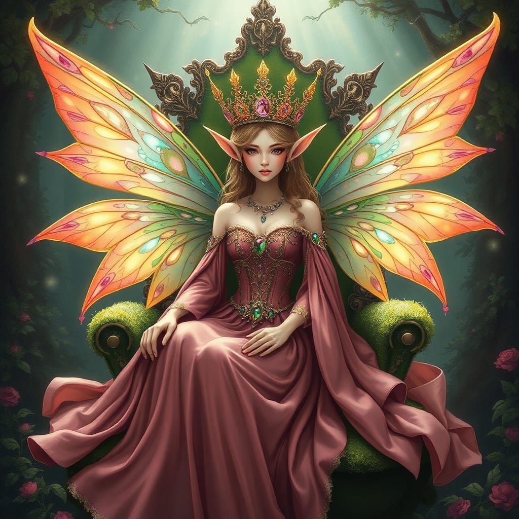 Gemstone Fairy Queen on Moss Throne