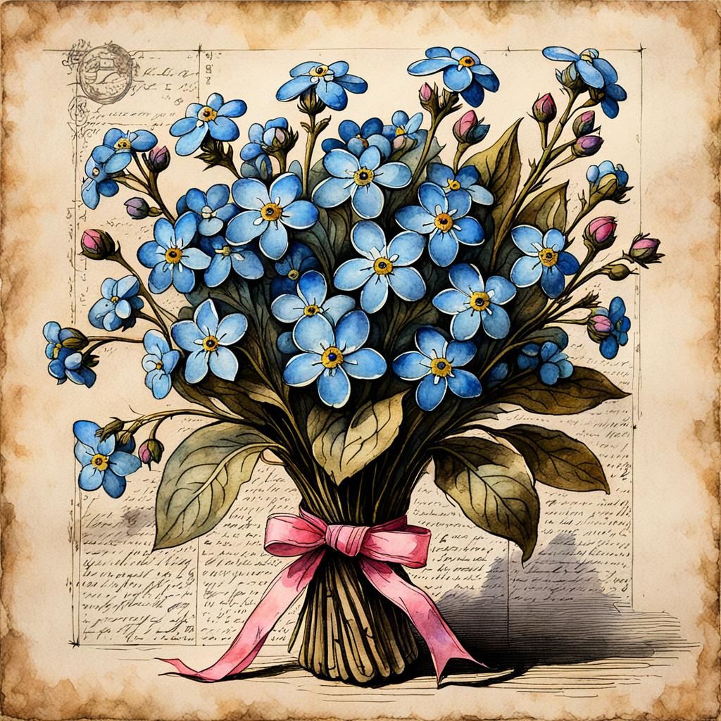 "a bouquet of forget-me-nots tied with a pink ribbon, painted on old faded cracked parchment in Renaissance style ink an...