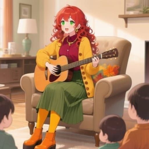 Japanese Woman in Autumn Outfit Plays Guitar for Family