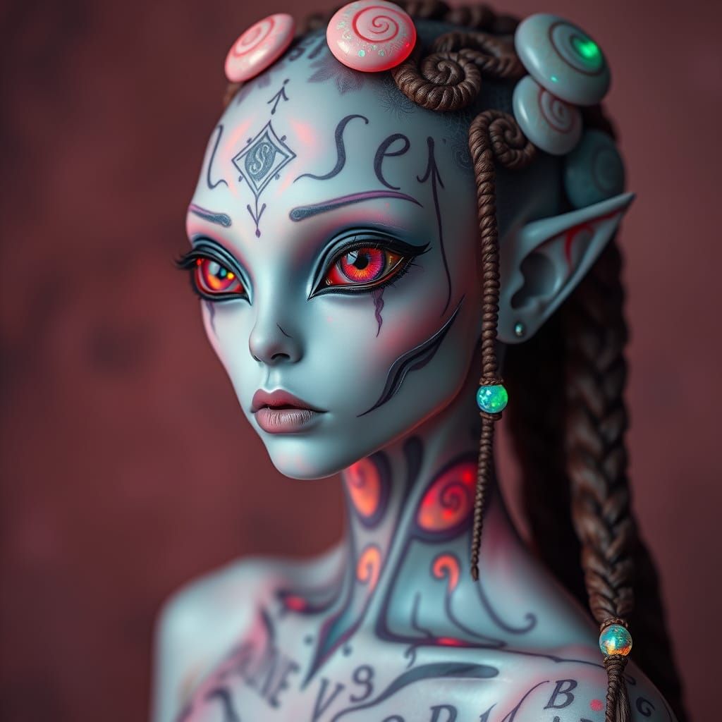 Alien Woman with Opal Braids and Glowing Tattoos