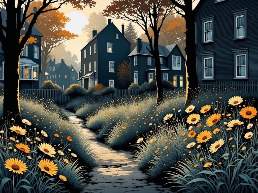 Sunlit Garden in Shadow, Delicate Watercolor Style