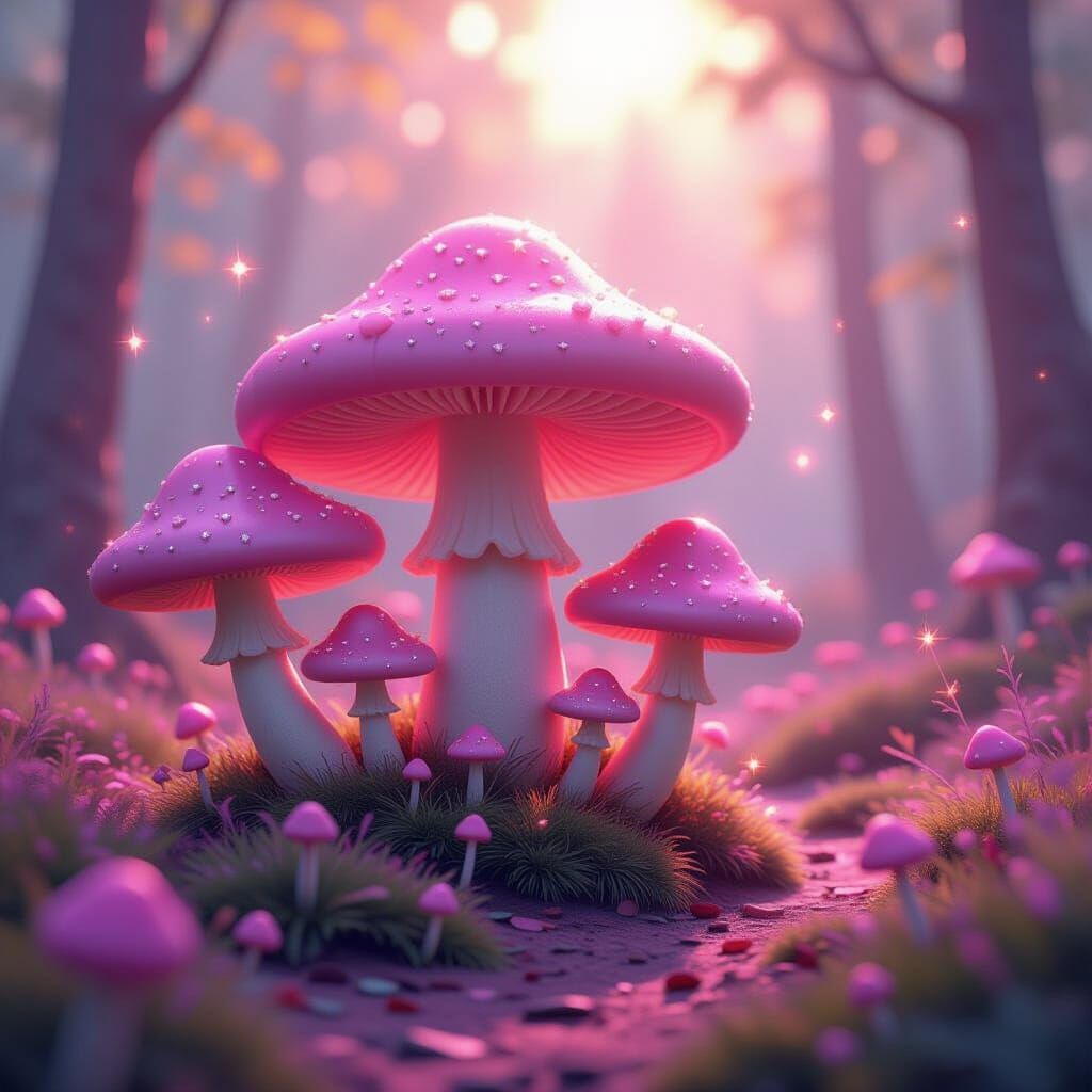 Enchanted Pink Forest with Glittering Mushrooms