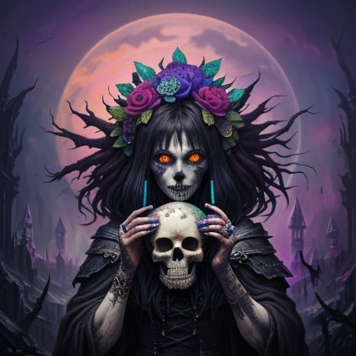 Hag Holding Skull Candy in Dark Fantasy Art