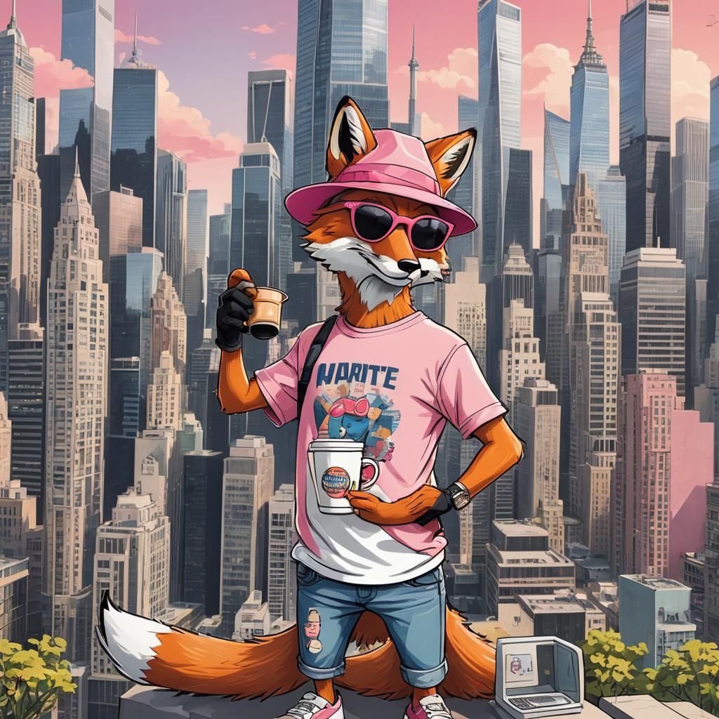 Cartoon Fox with Sunglasses in Cityscape