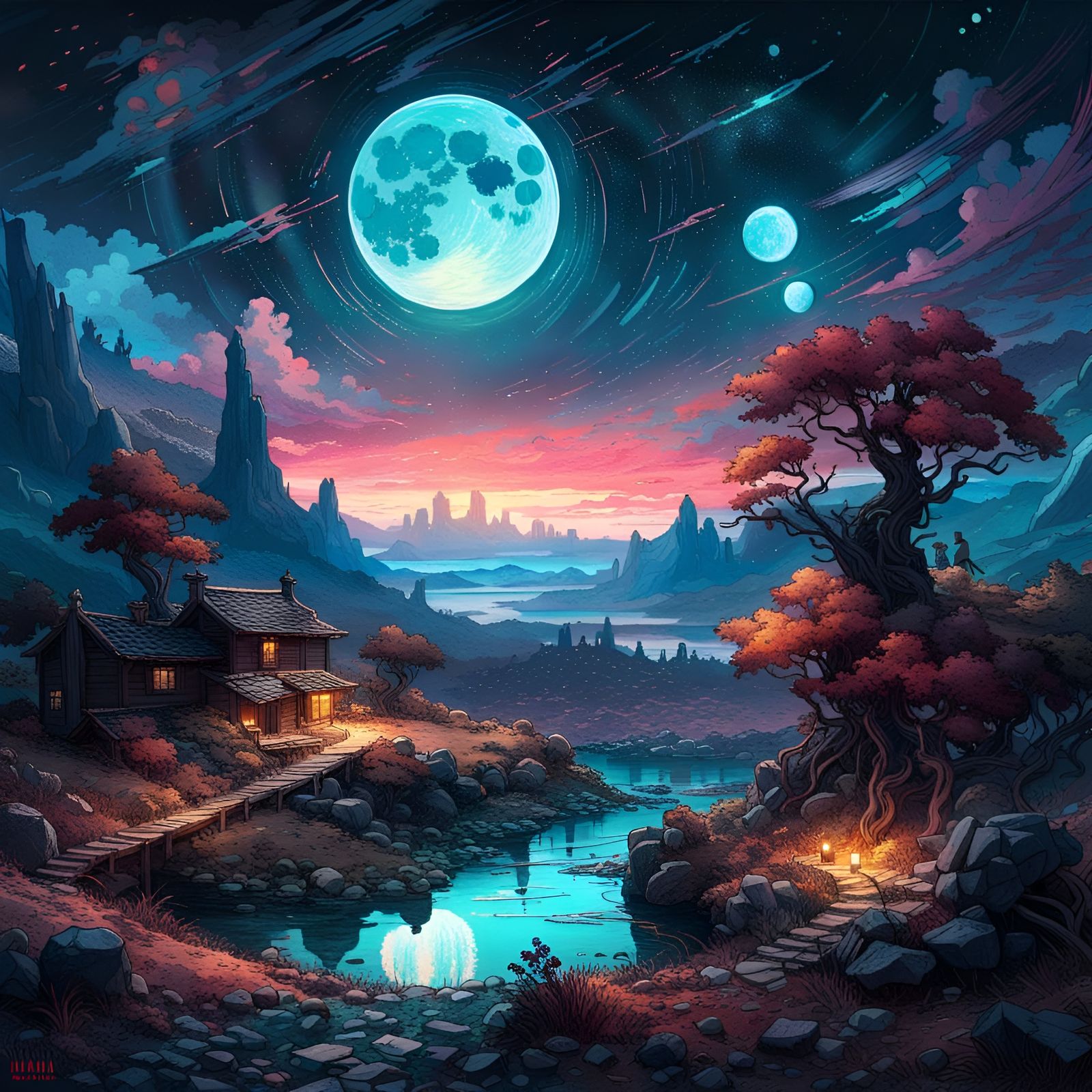 Magical Night Sky with Two Moons