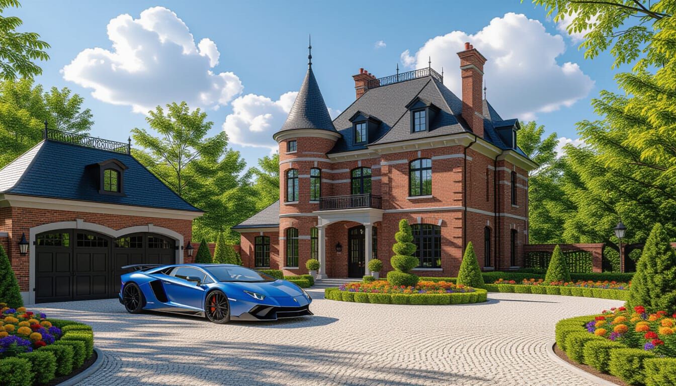 Victorian Chateau with Lamborghini in Summer Garden
