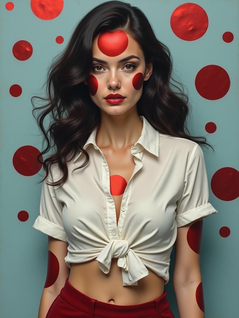 Woman's Portrait with Maroon Circles in Pop Art Style