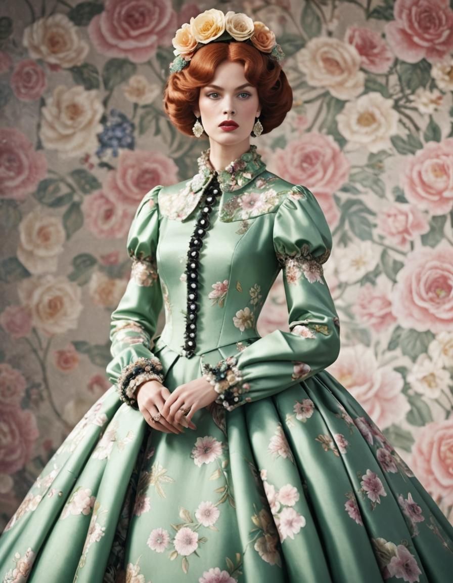 Vintage Model in Pre-Raphaelite Flowery Gown