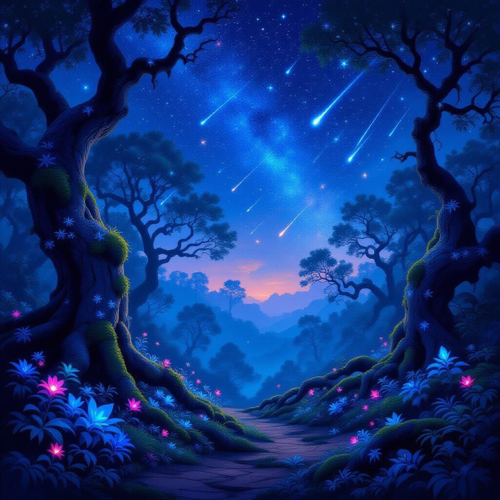 Surreal Forest Meets Starry Night Sky with Shooting Stars
