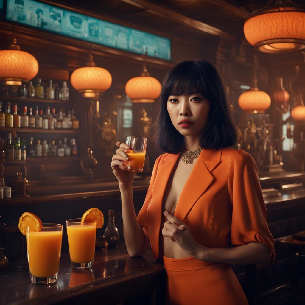1970s Los Angeles Bar Scene: Asian Woman with Orange Juice