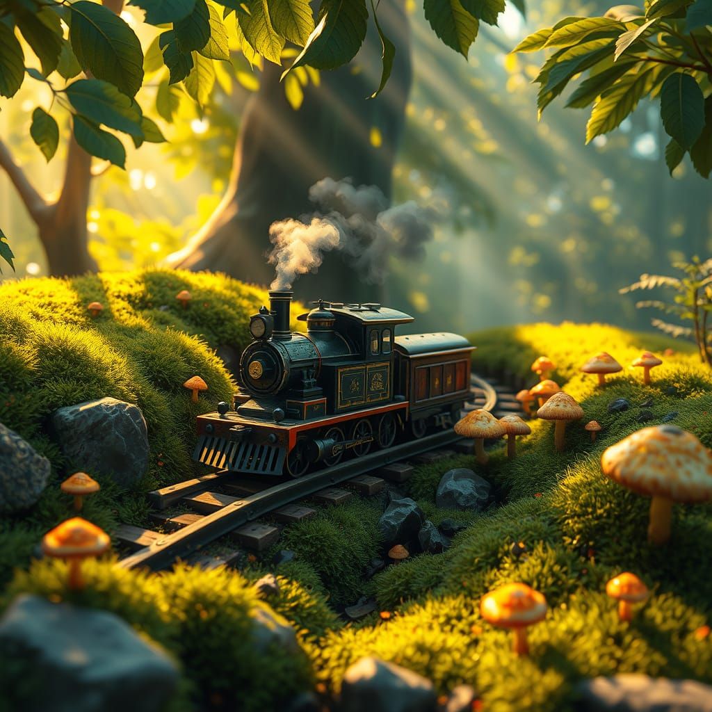 Whimsical Steam Engine Adventure in a Fantastical Forest