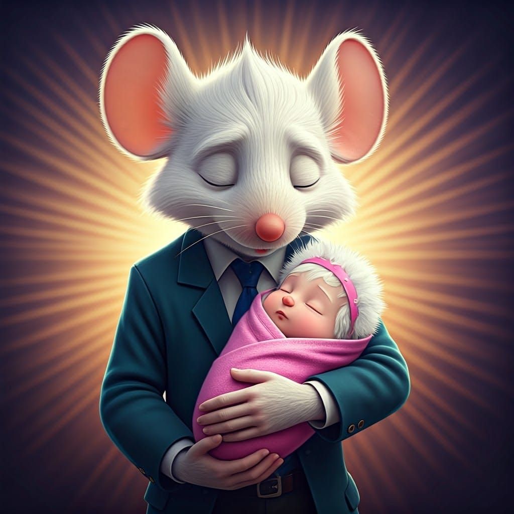 Newborn Mouse Mother Luna in Whimsical City Scene