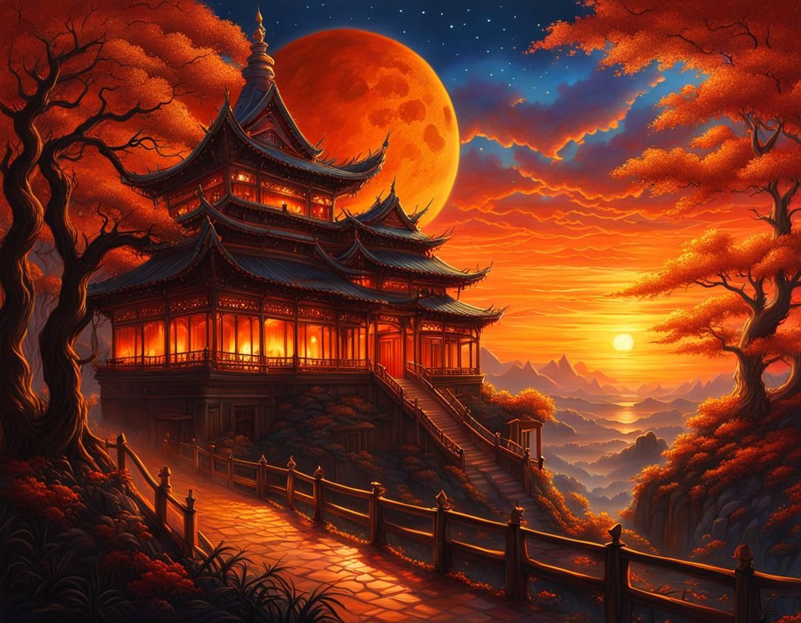 Majestic Sunset Landscape with Glittering Fantasy Elements