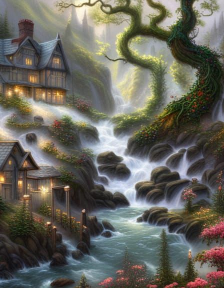 Ethereal Mountain Village Matte Painting