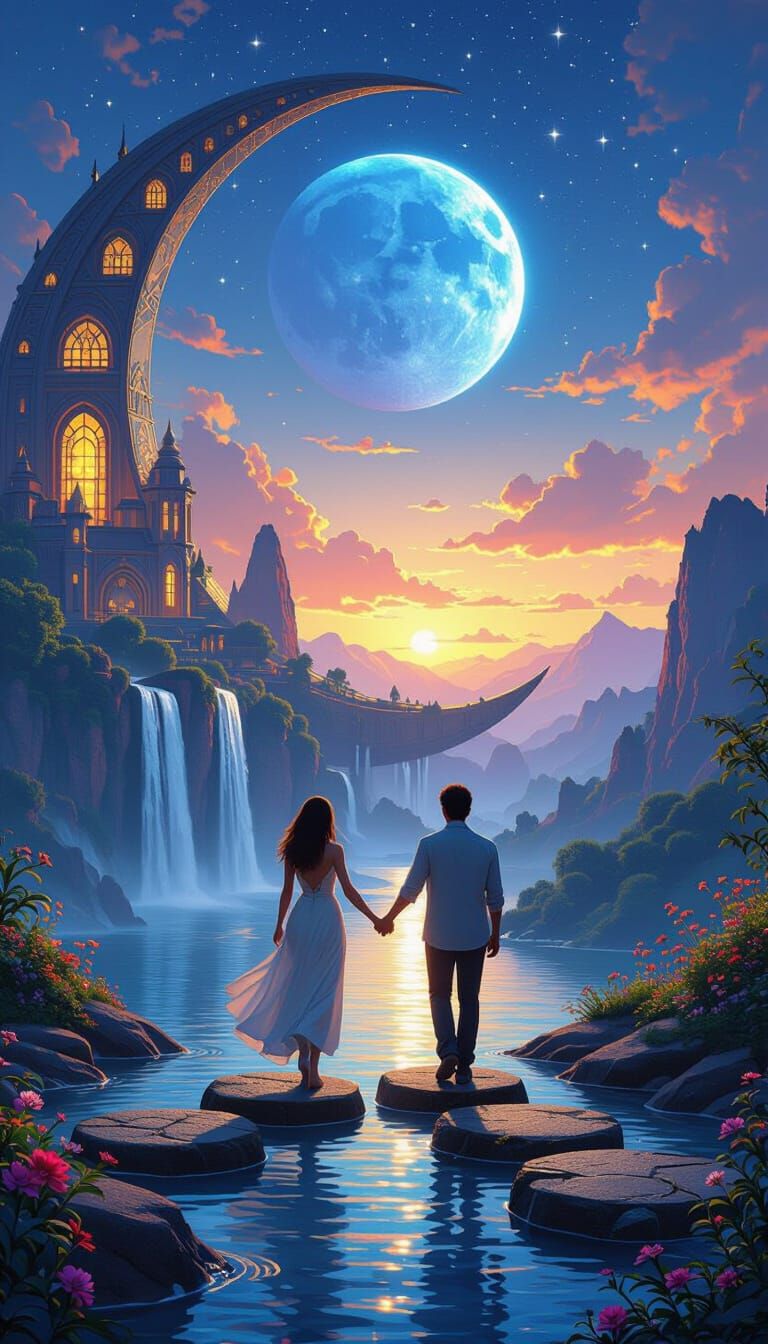 Fantasy City in Crescent Moon with Luminous Planet