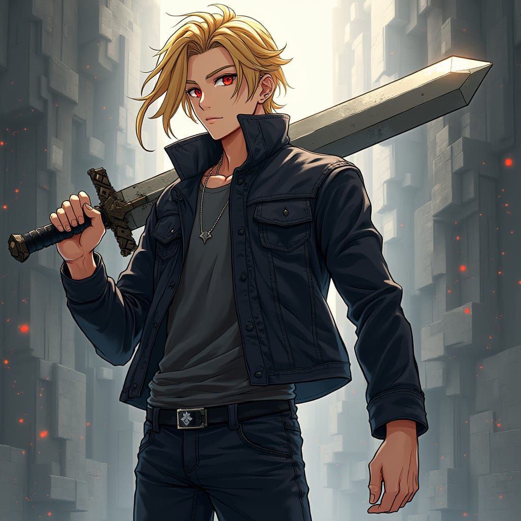 Anime Warrior with Gold Hair and Red Eyes