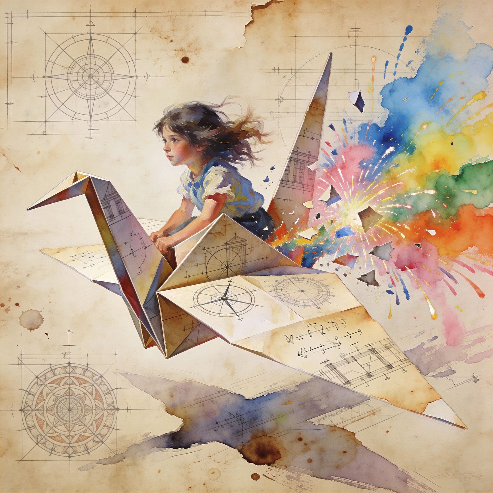 Girl on Origami Crane Amidst Artistic Fusion