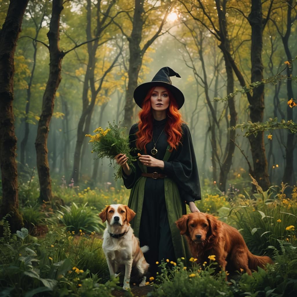 Modern Witch with Herbs and Dog in Cinematic Style