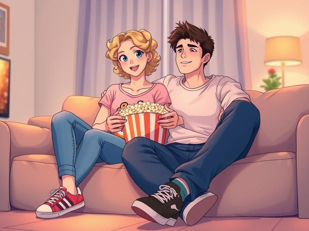 Cozy Anime Style Couple Snuggled on Couch