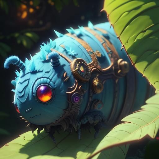 Fluffy Alien Caterpillar on Leaf in Dreamlike Scene