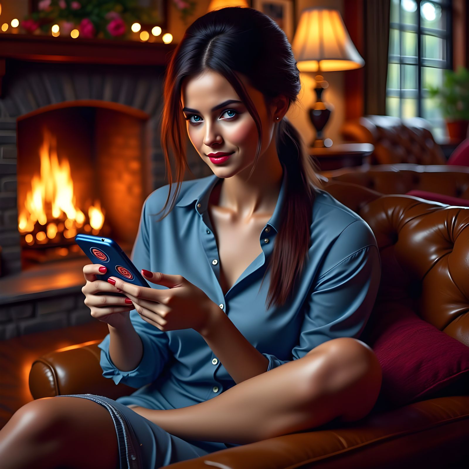 Sultry Female Figure Texting in Cozy Late Night Setting