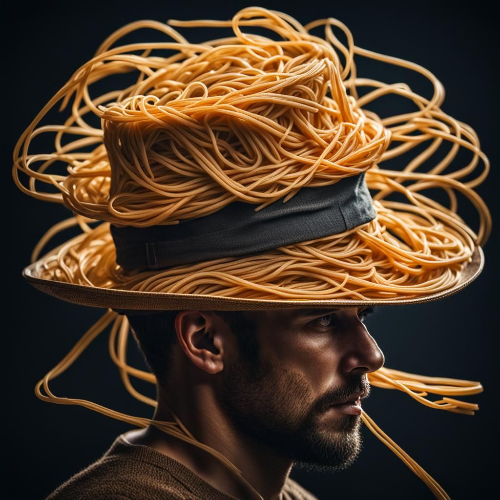 Man in Spaghetti Hat: Hyperrealistic Digital Art